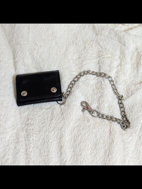 Black Leather Chain Wallet with Silver Hardware
